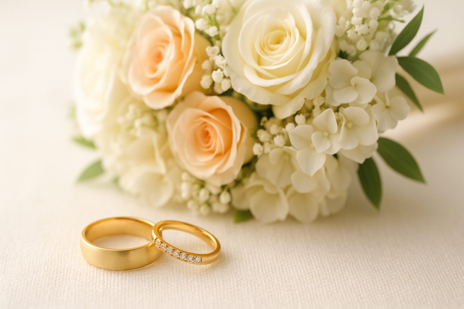結婚指輪とブーケが並んで飾られている