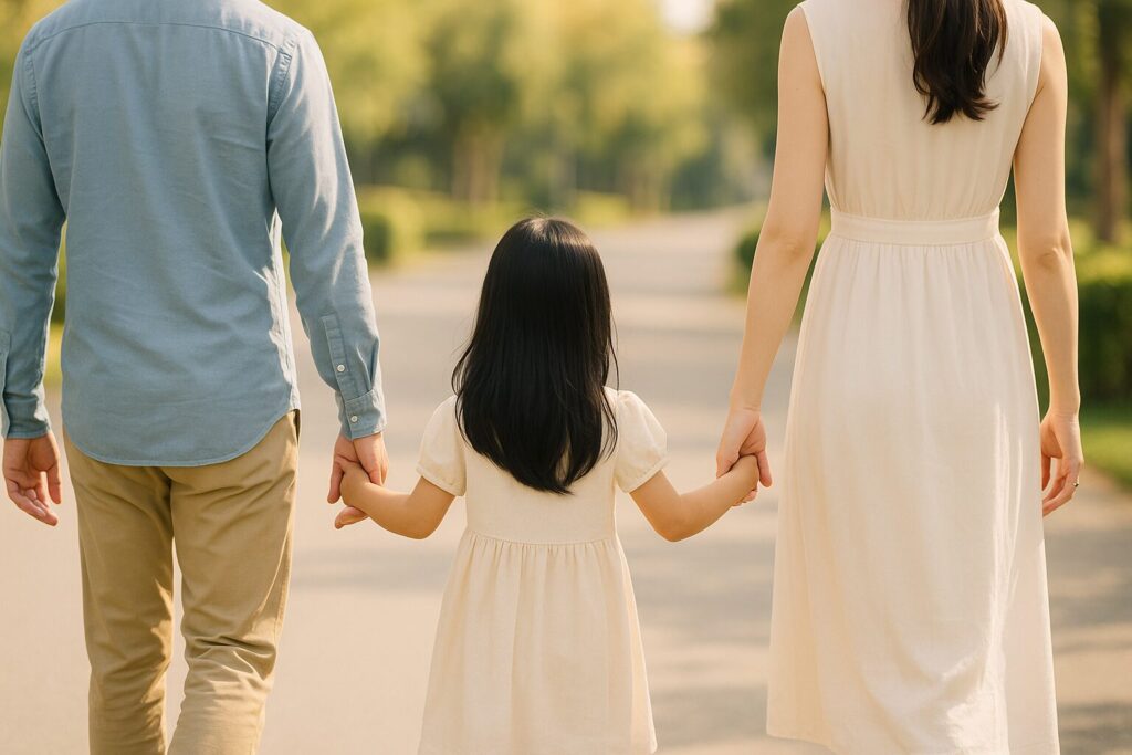 両親と娘が仲良く手をつないでいる