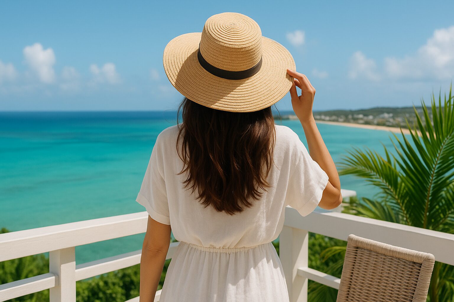 女性が一人で海をのんびり眺めている