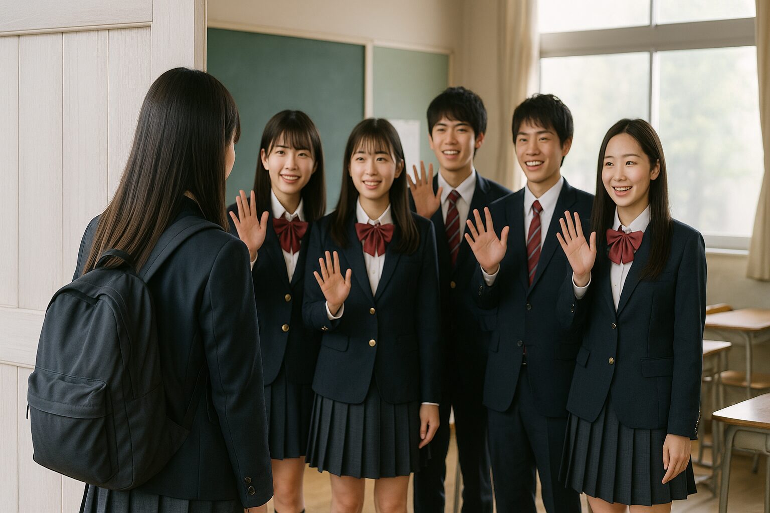 転校をする女の子を見送っている