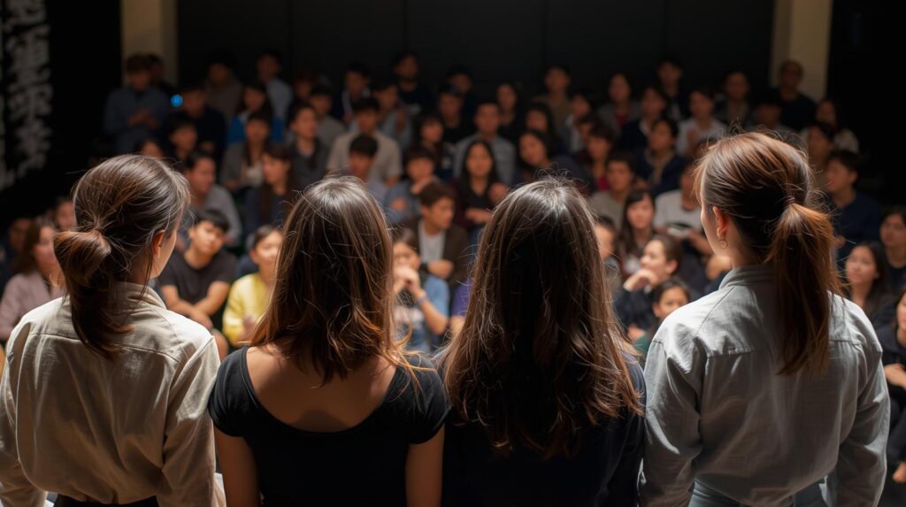 4人の女性アーティストがライブ会場で観客に答えている