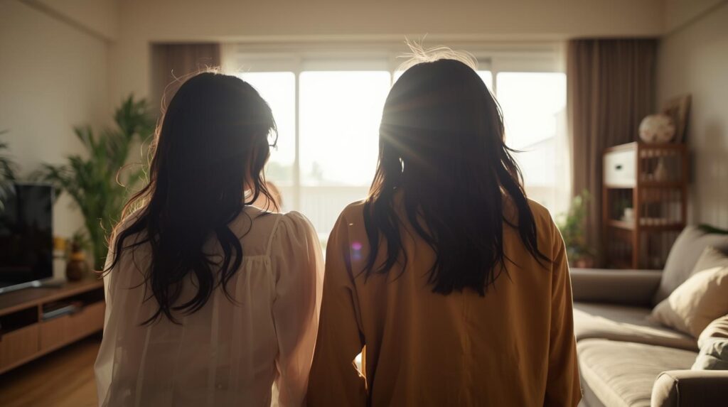 姉妹が家で仲良く過ごしている