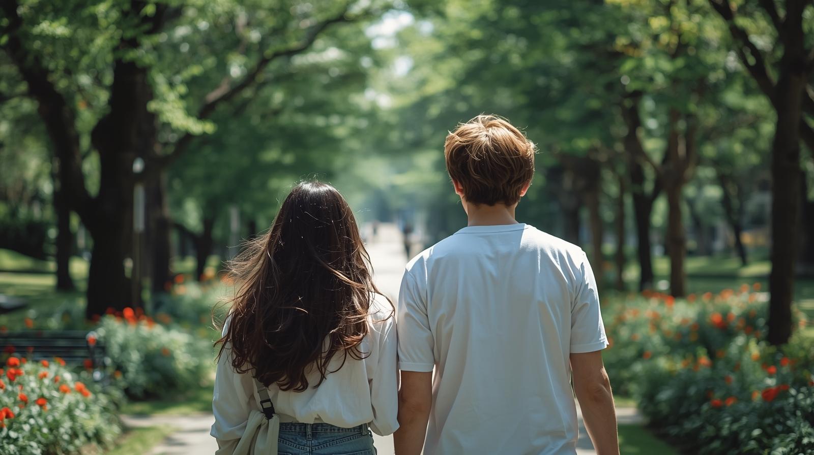 公園を散歩しる外国人男性と日本人女性の画像