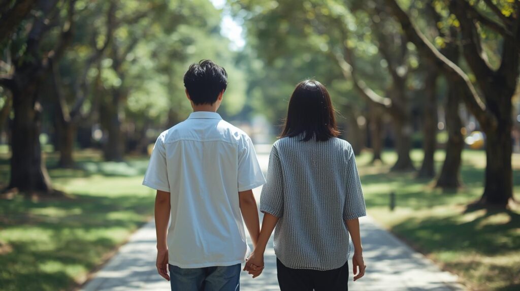 仲の良い男女が公園を散歩している