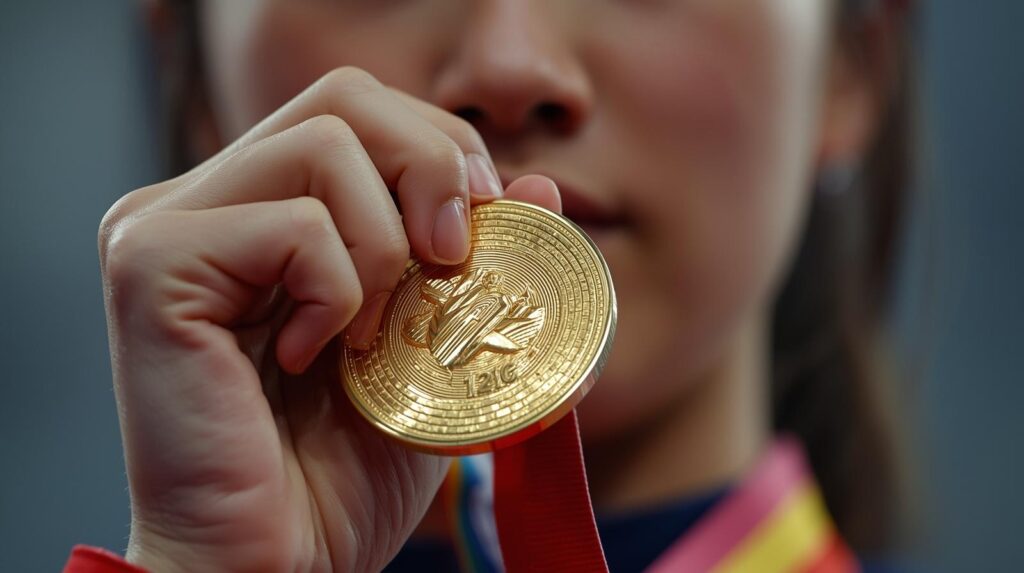 金メダルを女性が掲げている