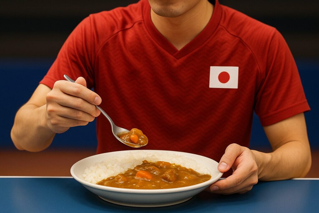 卓球選手がカレーを食べている