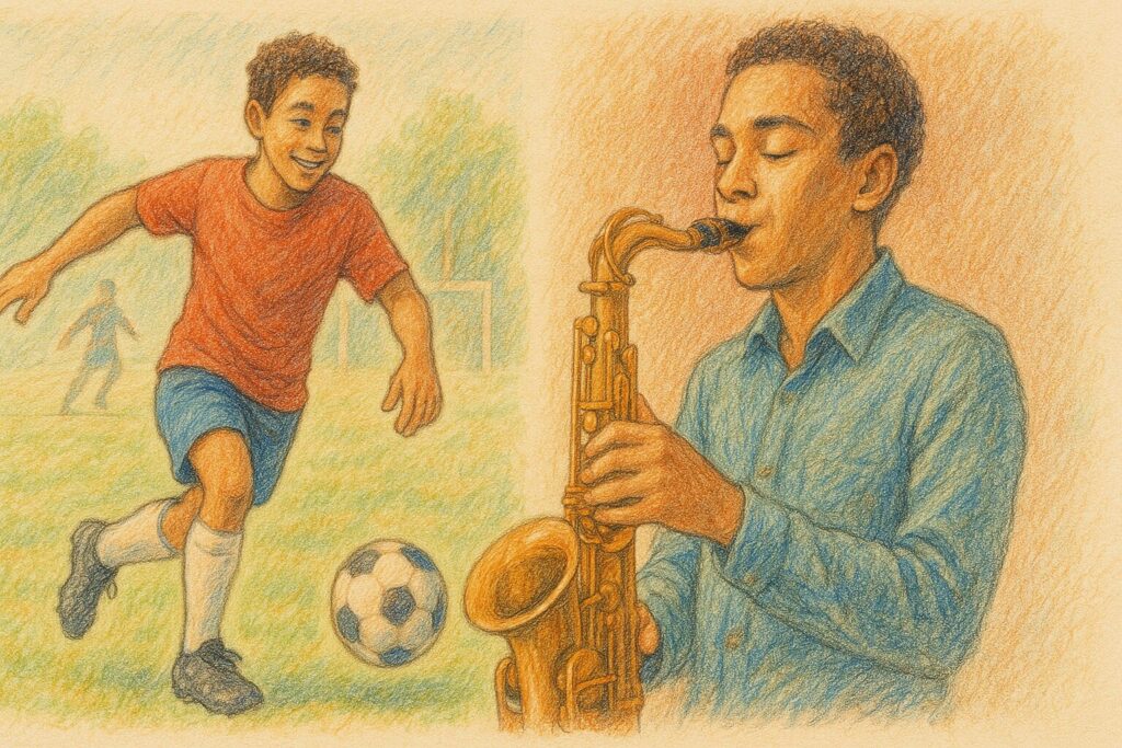 草間リチャード敬太がサッカーとサックスを吹いている