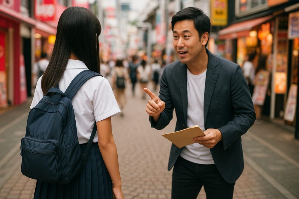 原宿で女の子がスカウトを受けている