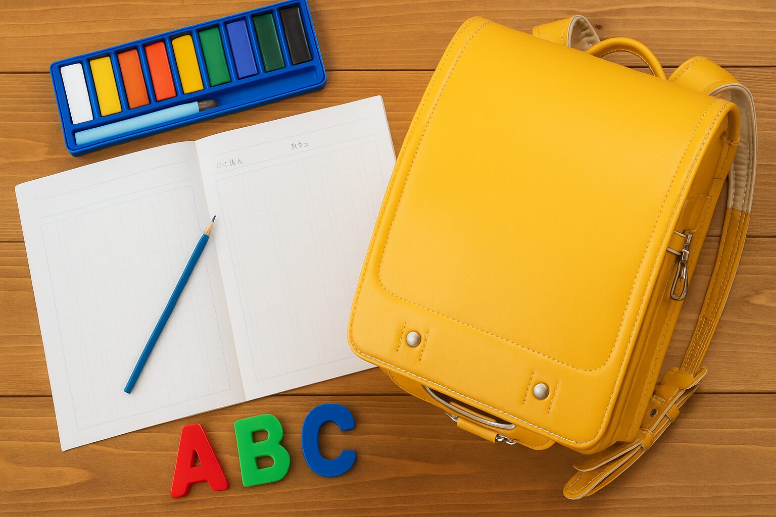 学習机の上にランドセルや筆記用具が並んでいる