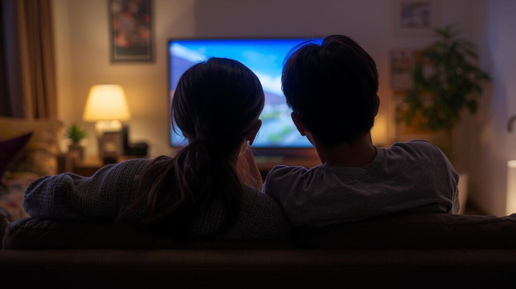部屋で仲良くテレビをみる兄妹