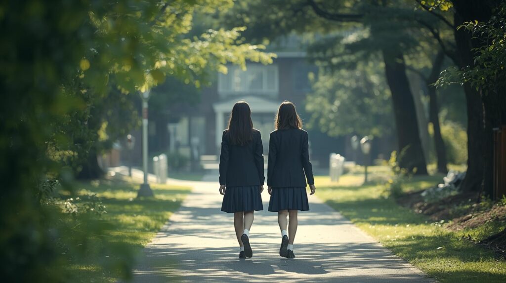 お嬢様学校の女子高生が校内を歩いている