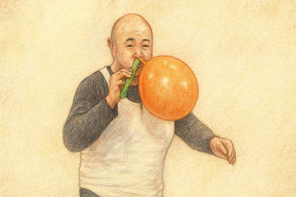 くまだまさしが鼻で風船を膨らませている