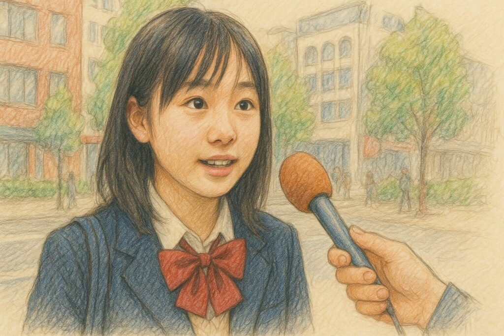 高校時代の高田夏帆が街頭インタビューをうけている